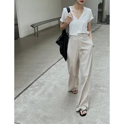 Spring New Women''s Simple Fashionable Irregular Waist Versatile Wide Leg Suit Pants Apricot - Shop at LoveMi