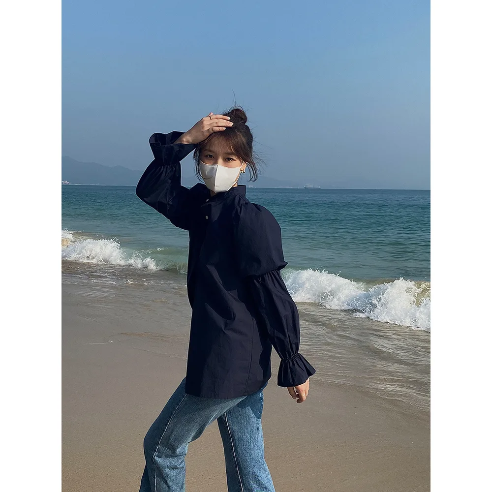 Women's Design Sense All match Loose Puff Sleeve White Shirt Navy Blue - Shop at LoveMi