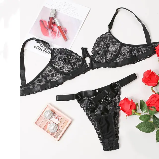 Christmas Lace Stitching Hollow Erotic Lingerie Set Black - Shop at LoveMi