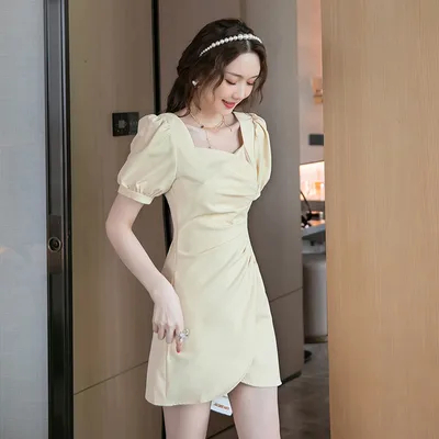 Elegant Yellow Ruched Mini Casual Summer Formal Dress Light Yellow - Shop at LoveMi
