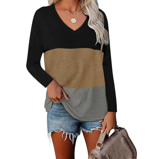 V neck Long Sleeve Patchwork T shirt Top Black Khaki - Shop at LoveMi