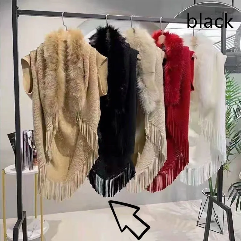 Knitted Shawl Fur Collar Jacket Autumn And Winter Large Size Loose Warm Cloak - Black