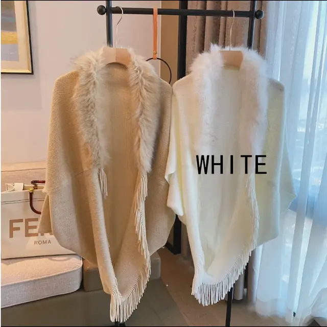 Knitted Shawl Fur Collar Jacket Autumn And Winter Large Size Loose Warm Cloak Milk White - Shop at LoveMi