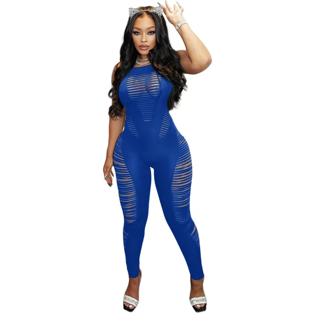 Sleeveless Nightclub Outfit Hollow Burnt Jumpsuit Blue - Shop at LoveMi