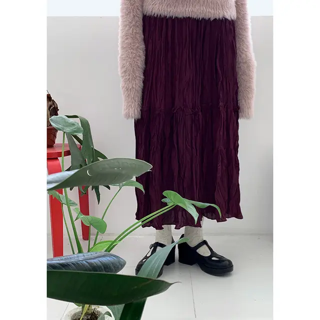 Women Autumn And Mid Length Wrinkled Skirt Wine Red - Shop at LoveMi