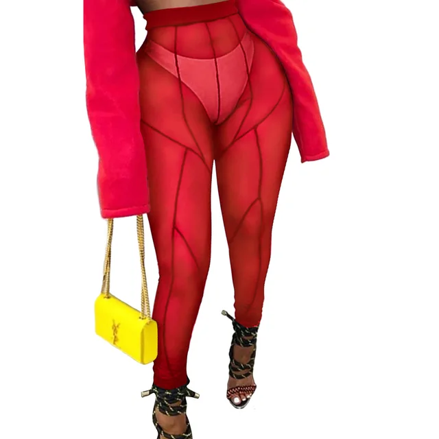 Mesh Perspective Hip Lift Casual Multicolor Trousers Red - Shop at LoveMi