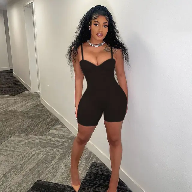 Sling Low Cut Solid Color Casual Jumpsuit Black Shorts - Shop at LoveMi