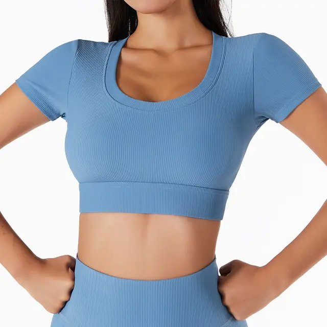 Yoga Clothes Short sleeved Umbilical Running Sports Top Women's Quick drying Nude Fitness Short sleeved T shirt Haze Blue - Shop at LoveMi