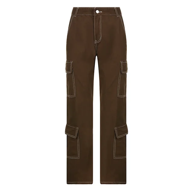 Women's Brown Straight Pants Cargo Style Multi Pocket Retro Low Waist Brown - Shop at LoveMi