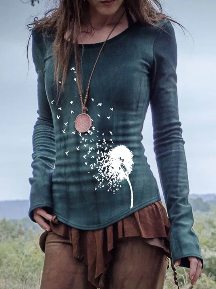 Fashion V-Neck Print Loose Long Sleeve T-Shirt - W