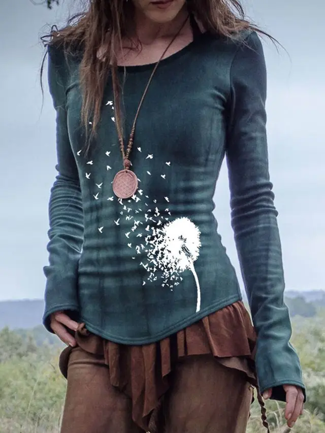 Fashion V Neck Print Loose Long Sleeve T Shirt W - Shop at LoveMi