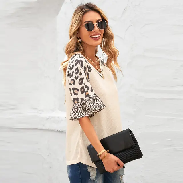 Leopard Print Stitching Five point Sleeve Top Bottoming Shirt Small V neck Pullover Khaki - Shop at LoveMi
