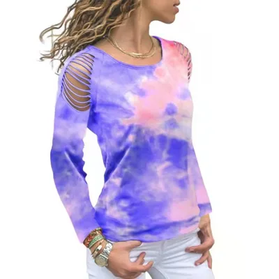Tie Dye Ripped Floral Off The Shoulder Long Sleeve Tshirt Fancy Blue - Shop at LoveMi