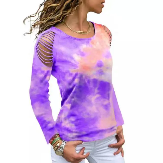 Tie Dye Ripped Floral Off The Shoulder Long Sleeve Tshirt Purple - Shop at LoveMi