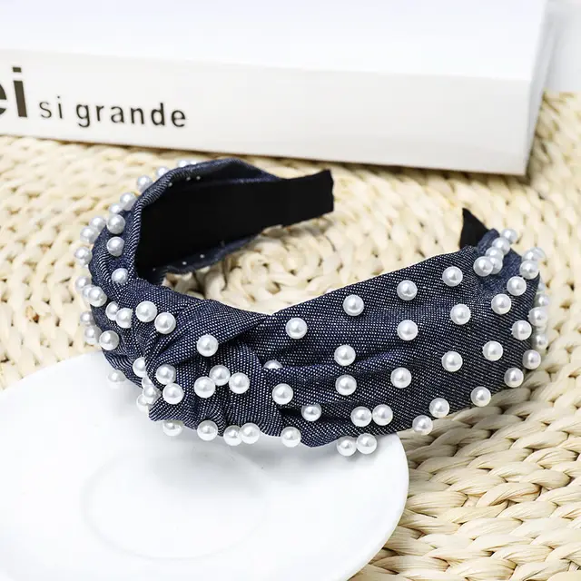 Ladies Playful Denim Nail Pearl Headband Navy Blue - Shop at LoveMi