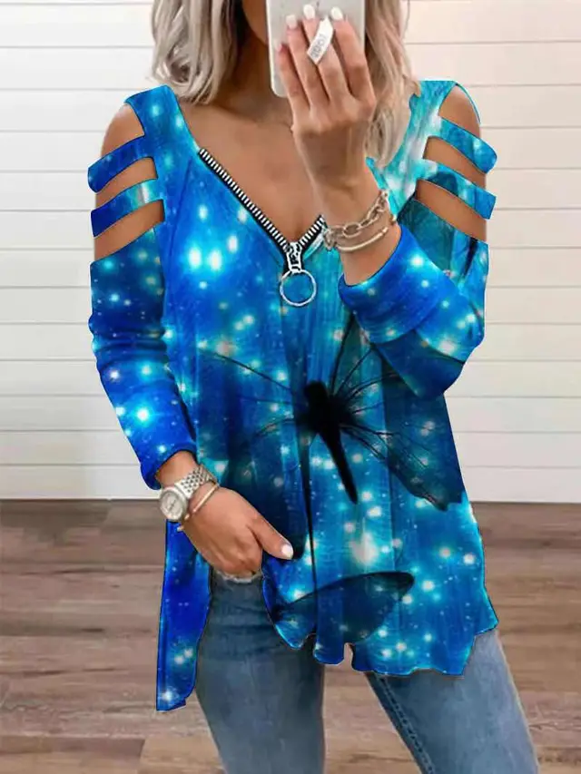 Zip Pullover Printed Long Sleeve Loose TShirt Womens Top Sky Blue - Shop at LoveMi
