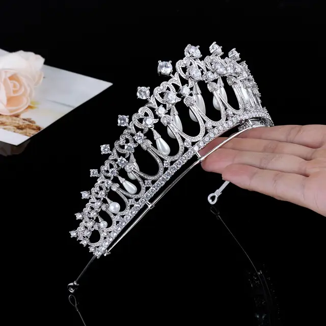 Hair Accessories Bridal Wedding Zircon Crown Pearl Tears Wedding Tiara Sliver - Shop at LoveMi