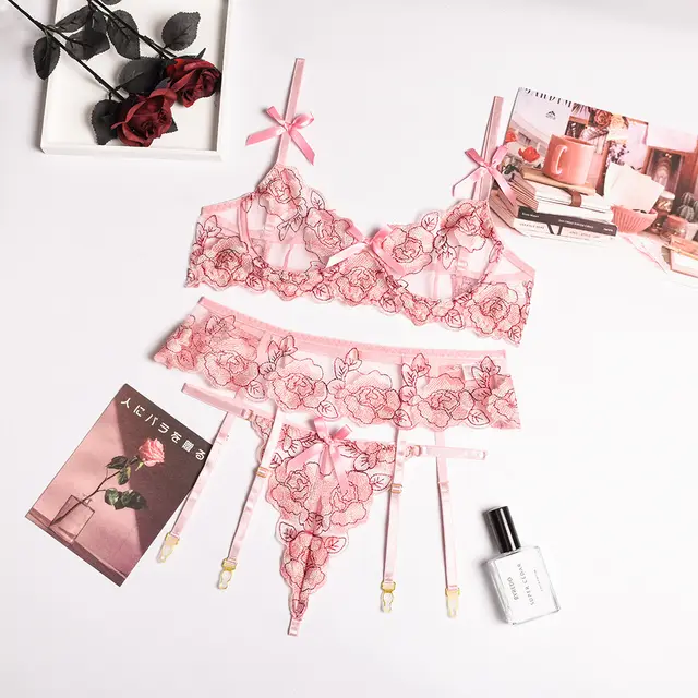Flower Garter Ladies Underwear Three Piece Set Pink - Shop at LoveMi