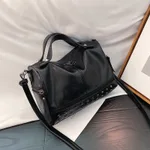 Oil Leather Handbag Shoulder Bag Personality Rivet Crossbody - Black