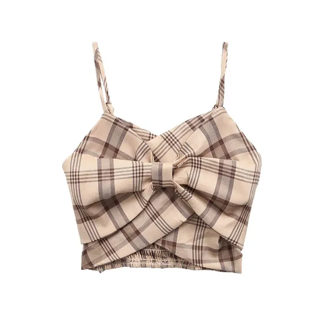 European And American Style Retro Plaid Bow Camisole Niche Design Top Khaki - Shop at LoveMi