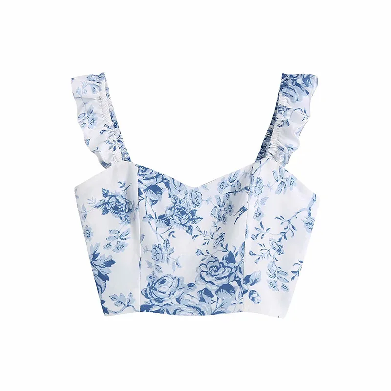 Retro Blue And White Porcelain Print Ruffle Sleeve Suspender Short Top Blue - Shop at LoveMi