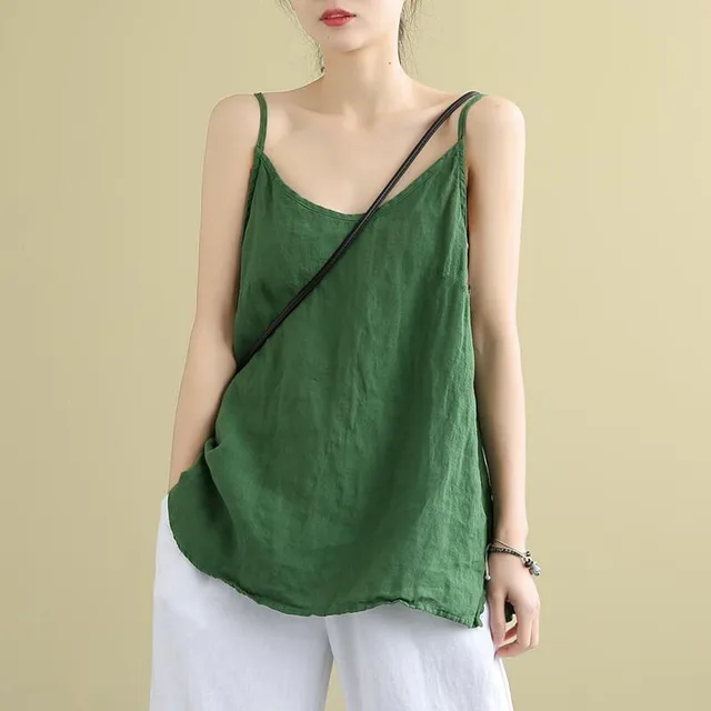 Women's Cotton Linen Literary Casual Loose Thin Camisole Vest Green - Shop at LoveMi