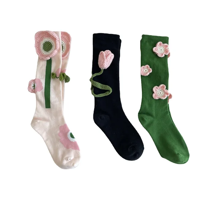 Tulip Crochet Cotton Mid Tube Stockings Women's Autumn And Winter 3Pcs Set - Shop at LoveMi