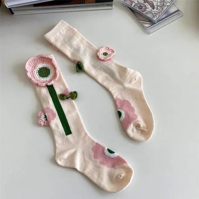 Tulip Crochet Cotton Mid Tube Stockings Women's Autumn And Winter Apricot - Shop at LoveMi
