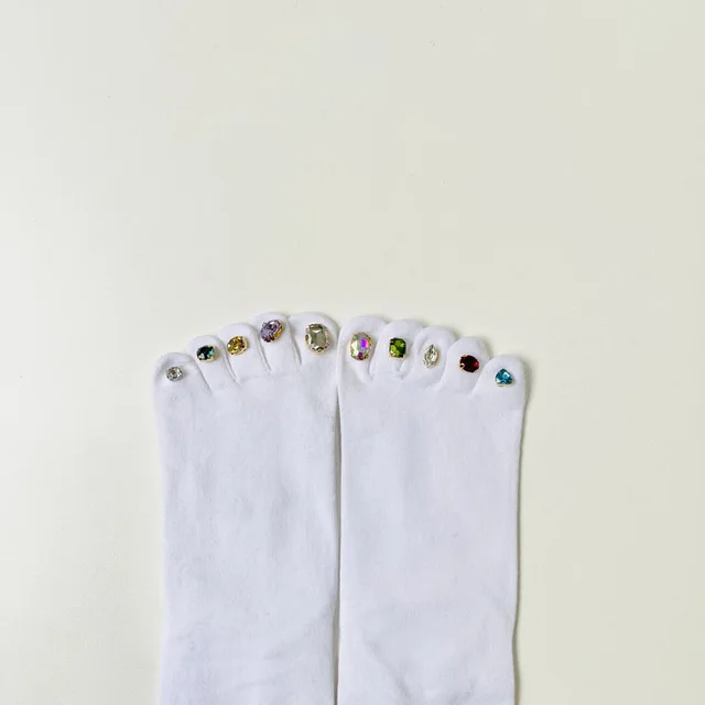 Five Finger Socks With Diamonds Summer Thin Crystal Mid Tube Split Toed Socks White - Shop at LoveMi