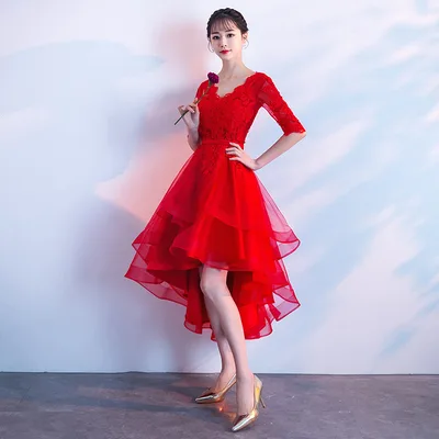 Banquet Elegant Long Black Ladies Annual Meeting Dress Big Red Front Short - Shop at LoveMi