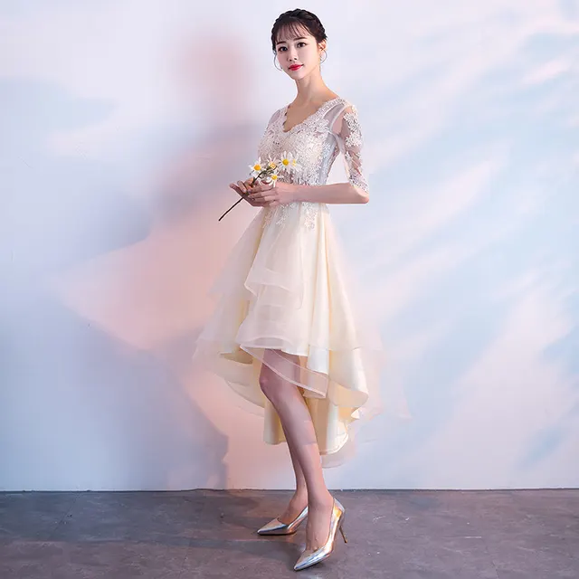 Banquet Elegant Long Black Ladies Annual Meeting Dress Champagne Front Short - Shop at LoveMi