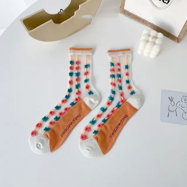 Small Flower Socks Breathable Glass Silk Ladies Cotton Socks Orange - Shop at LoveMi