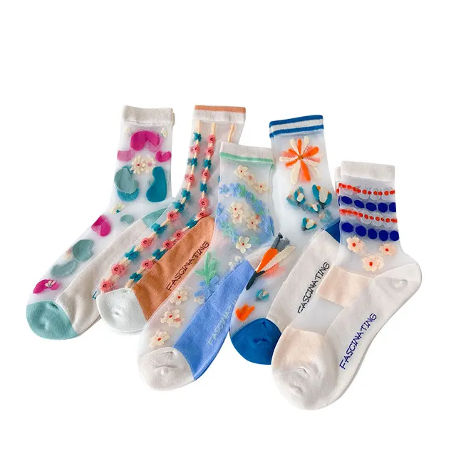 Small Flower Socks Breathable Glass Silk Ladies Cotton Socks Set - Shop at LoveMi
