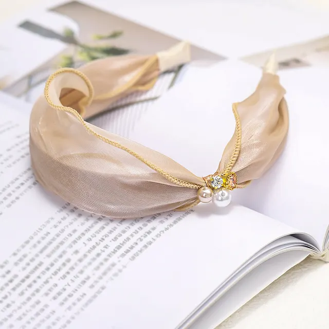 Hairband Satin Bright Silk Fabric Rhinestone Pearl Hairpin Champagne - Shop at LoveMi