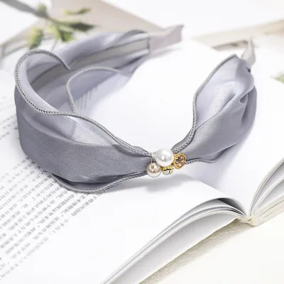 Hairband Satin Bright Silk Fabric Rhinestone Pearl Hairpin Grey - Shop at LoveMi