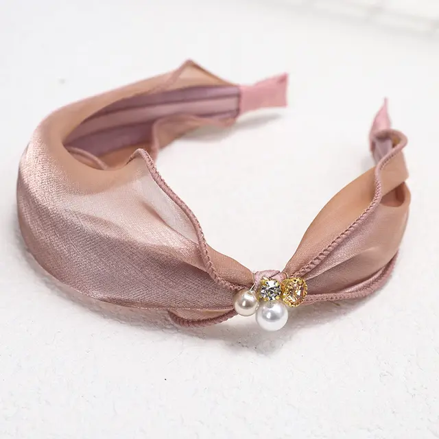 Hairband Satin Bright Silk Fabric Rhinestone Pearl Hairpin Pink - Shop at LoveMi