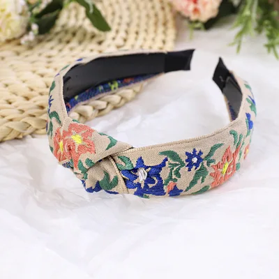 Headband Ethnic Style Embroidered Flower Headband Ladies Beige - Shop at LoveMi