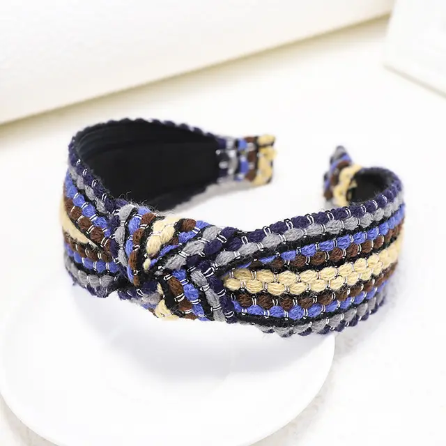 Knitted Colored Wool Contrasting Stripe Headband Beige - Shop at LoveMi