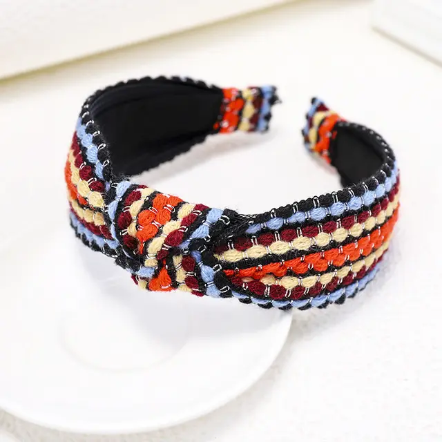 Knitted Colored Wool Contrasting Stripe Headband Orange - Shop at LoveMi