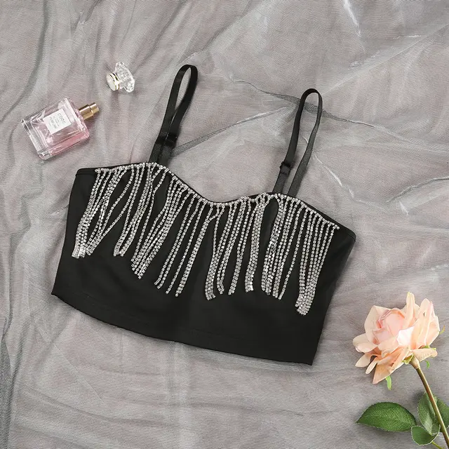 Hot Style Stitching Bright Diamond Tassel Wrap Chest Vest Women Black - Shop at LoveMi