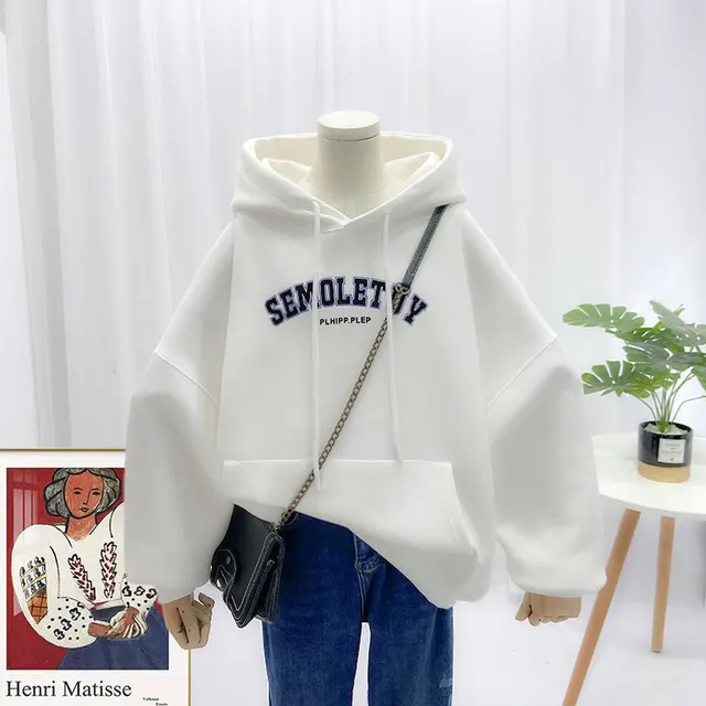 Ladies Sweatshirt Casual Hooded Large Pocket Print Letter Long Sleeve Top White - Shop at LoveMi