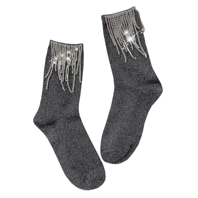 Ladies Fashion Diamond Fringe Bootie Socks Dark Grey Silver Wire - Shop at LoveMi