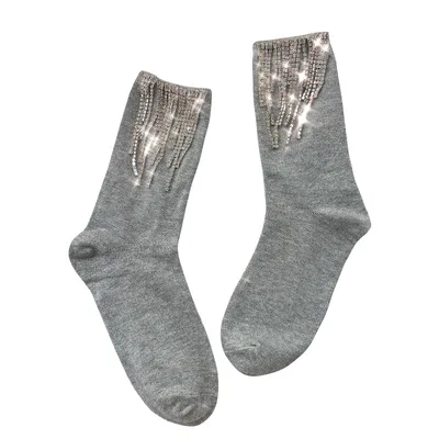 Ladies Fashion Diamond Fringe Bootie Socks Grey - Shop at LoveMi