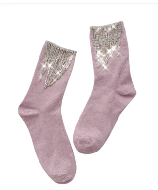 Ladies Fashion Diamond Fringe Bootie Socks - Pink Silver Wire