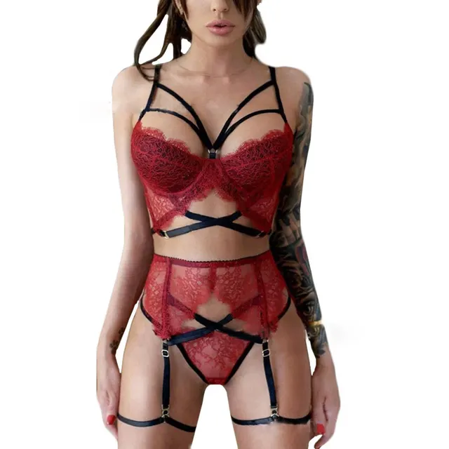 Women's Bundled Three Point Garter Lingerie Set Red - Shop at LoveMi