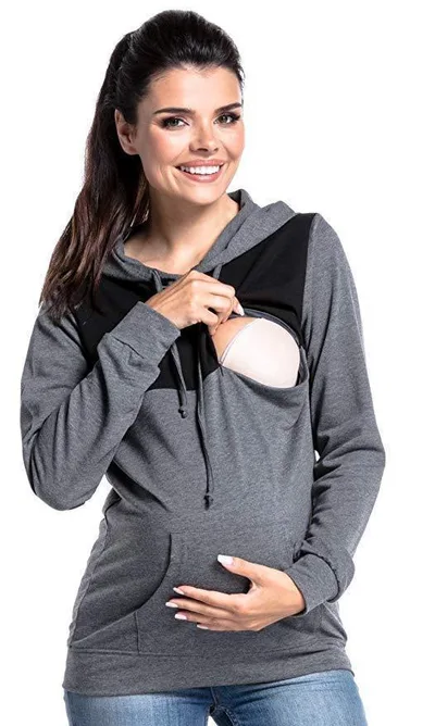 Hooded Colorblock Maternity Nursing Top Sweatshirt Grey - Shop at LoveMi