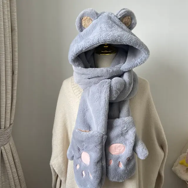 Hat And Scarf All in one Set Warm Three piece Set Grey - Shop at LoveMi