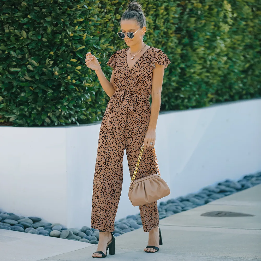 European And American Summer Women's V Neck Floral Chiffon Jumpsuit Women Khaki - Shop at LoveMi