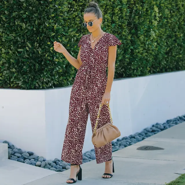 European And American Summer Women's V Neck Floral Chiffon Jumpsuit Women Wine Red - Shop at LoveMi