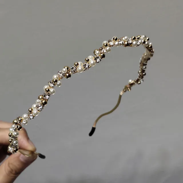 Korean Metal Headband Temperament Simple Pearl Rhinestone Hairpin French Brown - Shop at LoveMi